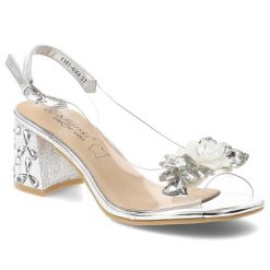 Sandały damskie S.Barski, cholewka z transparentnego materiału odkryty przód ozdobna aplikacja z kryształkami, srebrne, KV61-6068. Szare sandały damskie S.BARSKI, z aplikacjami, bez obcasa, na obcasie, bez zapięcia. Za 199.00 zł.