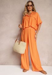 Pomarańczowy 2-Częściowy Komplet z Wiskozy Koszula o Luźnym Kroju Szerokie Spodnie Velvitela. Brązowe koszule damskie Renee, bez wzorów, z materiału, eleganckie, bez kołnierzyka, bez ramiączek. Za 139.99 zł.