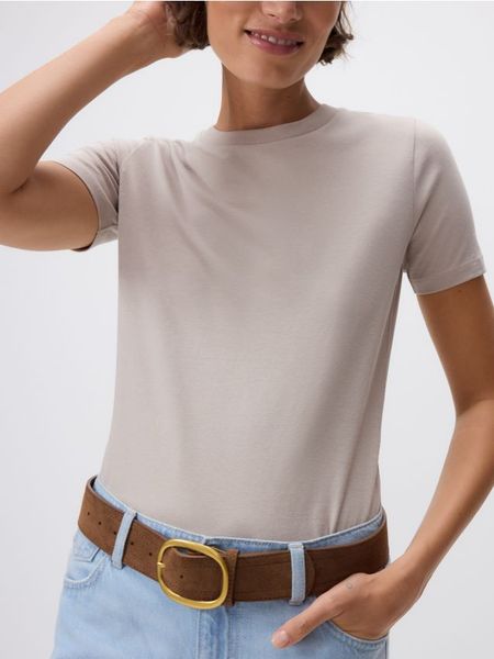T-shirt regular - beżowy. Brązowe t-shirty damskie Reserved, l, bez wzorów, z bawełny, bez kołnierzyka. Za 35.99 zł.