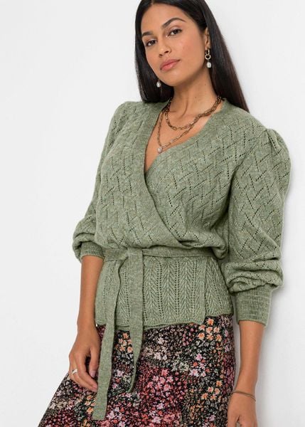 Sweter kopertowy z rękawami bufkami. Zielone swetry damskie bonprix, bez wzorów, bez kołnierzyka, bez ramiączek, bez kaptura. Za 119.99 zł.