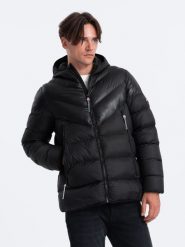 Nowoczesna pikowana kurtka męska z łączonych materiałów – czarna V1 - Rozmiar: L. Czarne kurtki męskie Ombre Clothing, l, bez wzorów, z materiału, bez kaptura. W wyprzedaży za 169.99 zł.