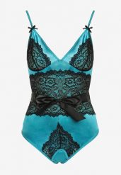 Niebiesko-Czarne Body Zdobione Koronką ze Stringami i Satynową Wstążką Luneie. Niebieskie body damskie Born2be, m, z aplikacjami, z koronki. Za 39.99 zł.