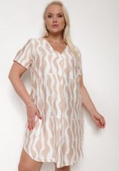 Jasnobeżowa Rozkloszowana Sukienka z Dekoltem w Serek Vikisora. Brązowe sukienki damskie Born2be, na lato, xl, bez wzorów, z materiału, bez kołnierzyka, bez ramiączek, midi, rozkloszowane. Za 84.99 zł.