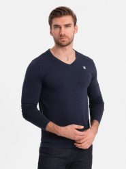 Longsleeve męski z elastanem sygnowany z dekoltem w serek - granatowy V2 - Rozmiar: M. Niebieskie bluzki z długim rękawem męskie Ombre Clothing, m, bez wzorów, z bawełny, klasyczne, bez kołnierzyka. W wyprzedaży za 74.99 zł.