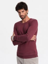 Sweter klasyczny męski z wiskozą BASIC z okrągłym dekoltem – bordowy V11 OM-SWBS-0106 - XXL. Czerwone swetry przez głowę męskie Ombre Clothing, l, bez wzorów, z dzianiny, bez kołnierzyka. W wyprzedaży za 89.99 zł.