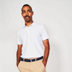 Koszulka polo do golfa z krótkim rękawem męska Inesis MW500. Białe buty sportowe męskie INESIS, z bawełny, bez zapięcia, na golfa. Za 59.99 zł.