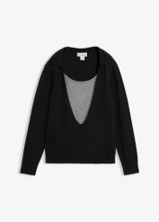 Cienki sweter w optyce warstwowego z mieszanki wiskozy. Czarne swetry damskie bonprix, bez wzorów, z wiskozy, bez kołnierzyka, bez ramiączek, bez kaptura. Za 109.99 zł.