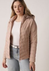 Beżowa Przejściowa Kurtka Pikowana z Odpinanym Kapturem Edrelith. Brązowe kurtki damskie Born2be, l, bez wzorów, z jeansu. Za 139.99 zł.