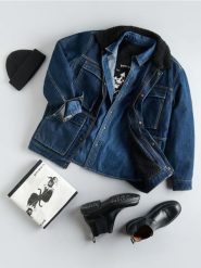 Kurtka sherpa z kołnierzem - granatowy. Niebieskie kurtki męskie Reserved, l, bez wzorów, z denimu, bez kaptura. Za 279.99 zł.