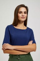 Bluzka z okrągłym dekoltem i krótkimi rękawami granatowa. Bluzki damskie MOODO, l, bez wzorów, bez kołnierzyka, bez ramiączek. W wyprzedaży za 21.99 zł.