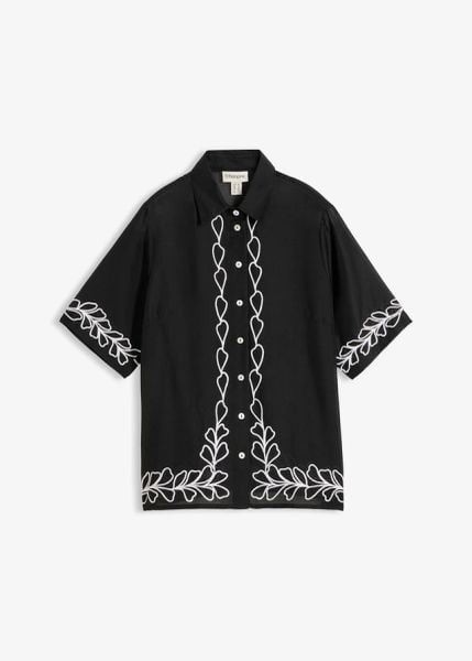 Bluzka z haftem. Czarne bluzki damskie bonprix, z aplikacjami, z tkaniny, bez kołnierzyka, bez ramiączek. Za 49.99 zł.