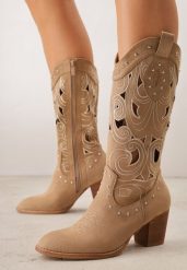 Ciemnobeżowe Ażurowe Botki Kowbojki VICES na Stożku Zdobione Nitami Sennatea. Brązowe botki damskie Renee, na lato, z jeansu, boho, bez obcasa, na obcasie, bez zapięcia. Za 179.99 zł.