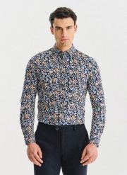 PAKO LORENTE - Granatowa koszula w kwiaty. Koszule męskie Pako Lorente, xl, bez wzorów, z bawełny, bez kołnierzyka, bez ramiączek. Za 119.99 zł.