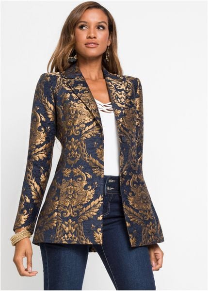 Krótki płaszcz z połyskującej tkaniny żakardowej. Niebieskie kurtki damskie bonprix, bez wzorów, z tkaniny, eleganckie, krótkie, bez kaptura. Za 329.99 zł.