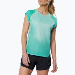 Koszulka do biegania damska Mizuno Aero Tee. Niebieskie koszulki sportowe damskie Mizuno, bez wzorów, bez kołnierzyka, bez ramiączek, do biegania. Za 149.99 zł.