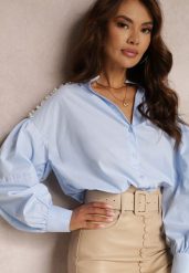 Jasnoniebieska Koszula Teepey. Niebieskie bluzki damskie Renee, m, bez wzorów, eleganckie, bez kołnierzyka, bez ramiączek. Za 149.99 zł.