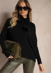 Czarny Golf o Kroju Nietoperza Ozdobiony Odpinaną Aplikacją 3D Melodia. Czarne swetry damskie Renee, s, z aplikacjami, z jeansu, eleganckie, bez kołnierzyka, bez ramiączek, bez kaptura. Za 84.99 zł.