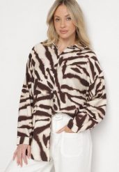 Beżowo-Brązowa Koszula Oversize z Lnu i Wiskozy w Zebrę z Podpinanymi Rękawami Telidwen. Brązowe bluzki damskie Born2be, bez wzorów, z jeansu, eleganckie, bez kołnierzyka, bez ramiączek. Za 84.99 zł.