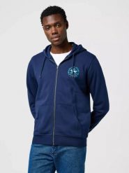 MĘSKA BLUZA WRANGLER GRAPHIC ZIP HOODIE NAVY 112371461. Niebieskie bluzy męskie Wrangler, l, bez wzorów, bez kaptura. Za 189.99 zł.