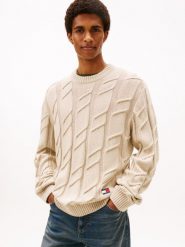 Tommy Jeans Męski sweter z dzianiny Mężczyźni Bawełna beżowy jednolity, L. Brązowe swetry przez głowę męskie Tommy Jeans, l, bez wzorów, z bawełny, bez kołnierzyka. Za 449.95 zł.