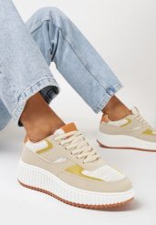 Beżowe Sneakersy na Grubej Podeszwie Ozdobione Brokatem Evllina. Brązowe obuwie sportowe damskie Born2be, bez wzorów. Za 99.99 zł.