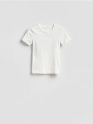 T-shirt w prążek - złamana biel. T-shirty damskie Reserved, l, bez wzorów, z bawełny, bez kołnierzyka. Za 59.99 zł.