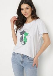 Jasnoszary T-shirt z Bawełny z Ozdobnym Napisem i Nadrukiem Olinella. Szare bluzki damskie Born2be, l, bez wzorów, z bawełny, bez kołnierzyka. Za 34.99 zł.