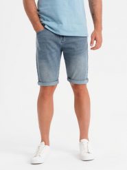 Szorty jeansowe męskie z podwiniętą nogawką - jasnoniebieskie V1 OM-SRDS-0164 XL. Niebieskie krótkie spodenki sportowe męskie Ombre, m, bez wzorów, z jeansu. Za 317.70 zł.