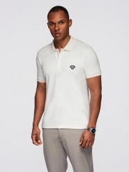 Męska koszulka polo z dekoltem na zamek - biała V1. Białe koszulki polo męskie Ombre Clothing, m, bez wzorów, z bawełny, bez kołnierzyka, bez ramiączek. W wyprzedaży za 69.99 zł.