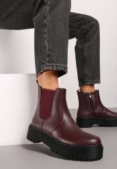 Bordowe Botki w Stylu Sztybletów na Platformie z Ociepleniem Torlissa. Czerwone botki damskie Renee, z jeansu, eleganckie, bez obcasa, na platformie, bez zapięcia. Za 159.99 zł.