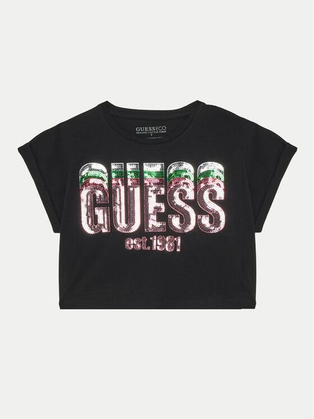 Guess T-Shirt J5RI10 K8HM4 Czarny Regular Fit. Czarne t-shirty i topy dla dziewczynek Guess, z aplikacjami, z bawełny, bez ramiączek. Za 59.99 zł.