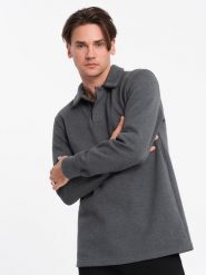 Bluza męska z kołnierzykiem polo ze strukturalnej dzianiny - grafitowy melanż V1 OM-SSNZ-0149 - XXL. Szare bluzy męskie Ombre Clothing, l, bez wzorów, z bawełny, bez kaptura. W wyprzedaży za 59.99 zł.