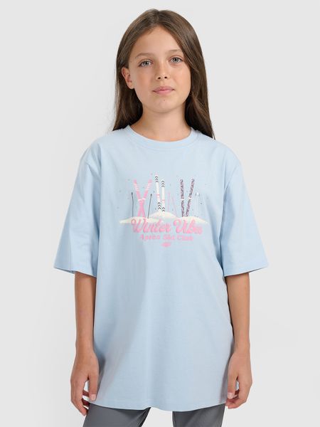 4F T-shirt loose z nadrukiem dziewczęcy - niebieski 134/140 (8-10 lat). Niebieskie t-shirty i topy dla dziewczynek 4f, bez wzorów, z bawełny, bez ramiączek. Za 49.99 zł.