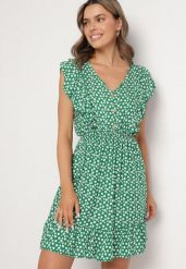 Zielona Rozkloszowana Sukienka z Bawełny w Kwiaty z Guzikami Ronelle. Zielone sukienki damskie Born2be, na co dzień, l, bez wzorów, z bawełny, eleganckie, bez kołnierzyka, bez ramiączek, mini, proste. Za 39.99 zł.