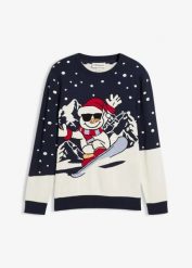 Sweter z bożonarodzeniowym motywem, z bawełną. Czarne swetry przez głowę męskie bonprix, m, bez wzorów, z bawełny, bez kołnierzyka. Za 129.99 zł.