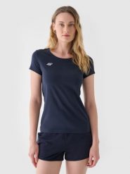 4F T-shirt slim gładki damski - granatowy XL. Niebieskie koszulki sportowe damskie 4f, xl, bez wzorów, z bawełny, bez kołnierzyka, bez ramiączek. W wyprzedaży za 29.99 zł.