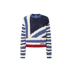 Sweter damski Pepe Jeans Harlow. Białe swetry damskie Pepe Jeans, na zimę, bez wzorów, z jeansu, eleganckie, bez kołnierzyka, bez ramiączek, bez kaptura. W wyprzedaży za 295.20 zł.