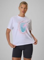 4F T-shirt loose z nadrukiem damski - biały S. Białe t-shirty damskie 4f, s, bez wzorów, z bawełny, klasyczne, bez kołnierzyka. Za 69.99 zł.