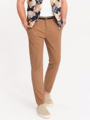 Spodnie męskie chino z ozdobną taśmą w pasie SLIM FIT – brązowe V4 OM-PACP-0118 - XXL. Brązowe eleganckie spodnie męskie Ombre Clothing, l, bez wzorów, z bawełny. W wyprzedaży za 179.99 zł.