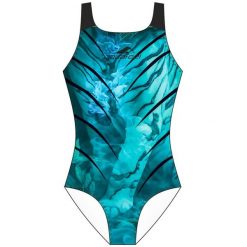 Strój kąpielowy damski Aquafeelback. Niebieskie kostiumy jednoczęściowe damskie Aquafeel, l, bez wzorów, z materiału, sportowe, na fitness i siłownię. Za 239.99 zł.