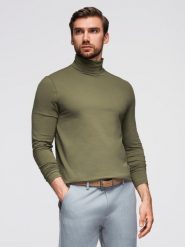 Longsleeve męski gładki z golfem - ciemnooliwkowy V4 OM-LSCL-0130 XXL. Zielone bluzki z długim rękawem męskie Ombre, m, bez wzorów, bez kołnierzyka. Za 149.99 zł.