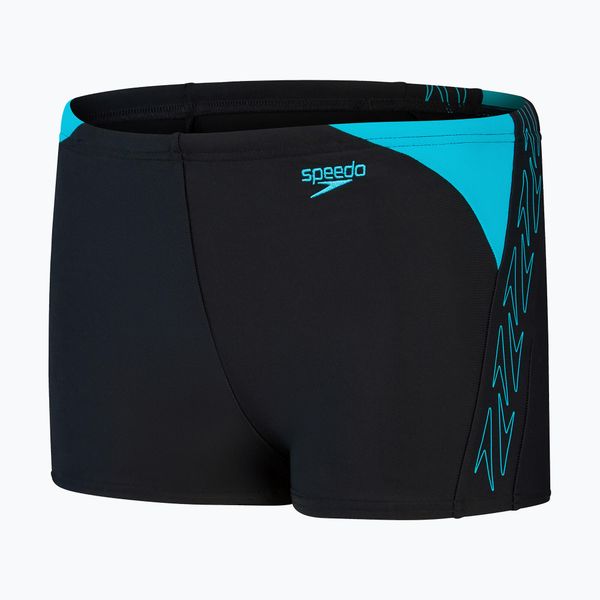 Bokserki kąpielowe dziecięce Speedo Hyper Boom Logo Splice Aquashort. Czarne kąpielówki dla chłopców Speedo, bez wzorów, z lycry. Za 581.74 zł.