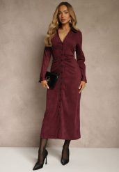 Bordowa Marszczona Sukienka z Imitacji Zamszu o Koszulowym Kroju Esora. Czerwone sukienki damskie Renee, na randkę, l, bez wzorów, bez kołnierzyka, bez ramiączek, maxi, koszulowe. Za 199.99 zł.