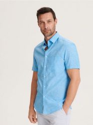 Koszula regular fit z lnem - jasnoniebieski. Niebieskie koszule męskie Reserved, l, bez wzorów, z bawełny, bez kołnierzyka, bez ramiączek. Za 129.99 zł.