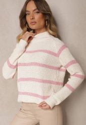 Beżowo-Różowy Sweter w Poziome Pasy z Domieszką Wiskozy Tintarina. Czerwone swetry damskie Renee, uniwersalny, bez wzorów, z jeansu, casualowe, bez kołnierzyka, bez ramiączek, bez kaptura. Za 59.99 zł.
