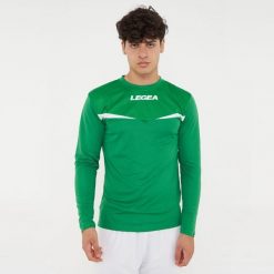 Męska Koszulka do Biegania z Długim Rękawem Zielono-Biała. Białe koszulki sportowe męskie Legea, m, bez wzorów, z materiału, bez kołnierzyka, bez ramiączek, do biegania. Za 56.00 zł.