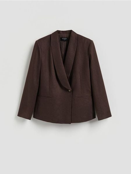 Lniana marynarka - ciemnobrązowy. Brązowe żakiety damskie Reserved, l, bez wzorów, z tkaniny. Za 259.99 zł.