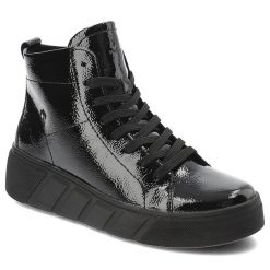 Czarne Botki Rieker Modne Lakierowane Obuwie Damskie. Czarne botki damskie Rieker, na wiosnę, z lakierowanej skóry, eleganckie, bez obcasa, bez zapięcia. Za 379.00 zł.