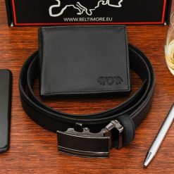 Zestaw męski skórzany portfel pasek duży Beltimore U89. Czarne paski damskie bez wzorów. Za 124.90 zł.