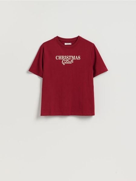 T-shirt ze świątecznym motywem - bordowy. Czerwone t-shirty damskie Reserved, l, bez wzorów, z bawełny, wizytowe, bez kołnierzyka. Za 39.99 zł.